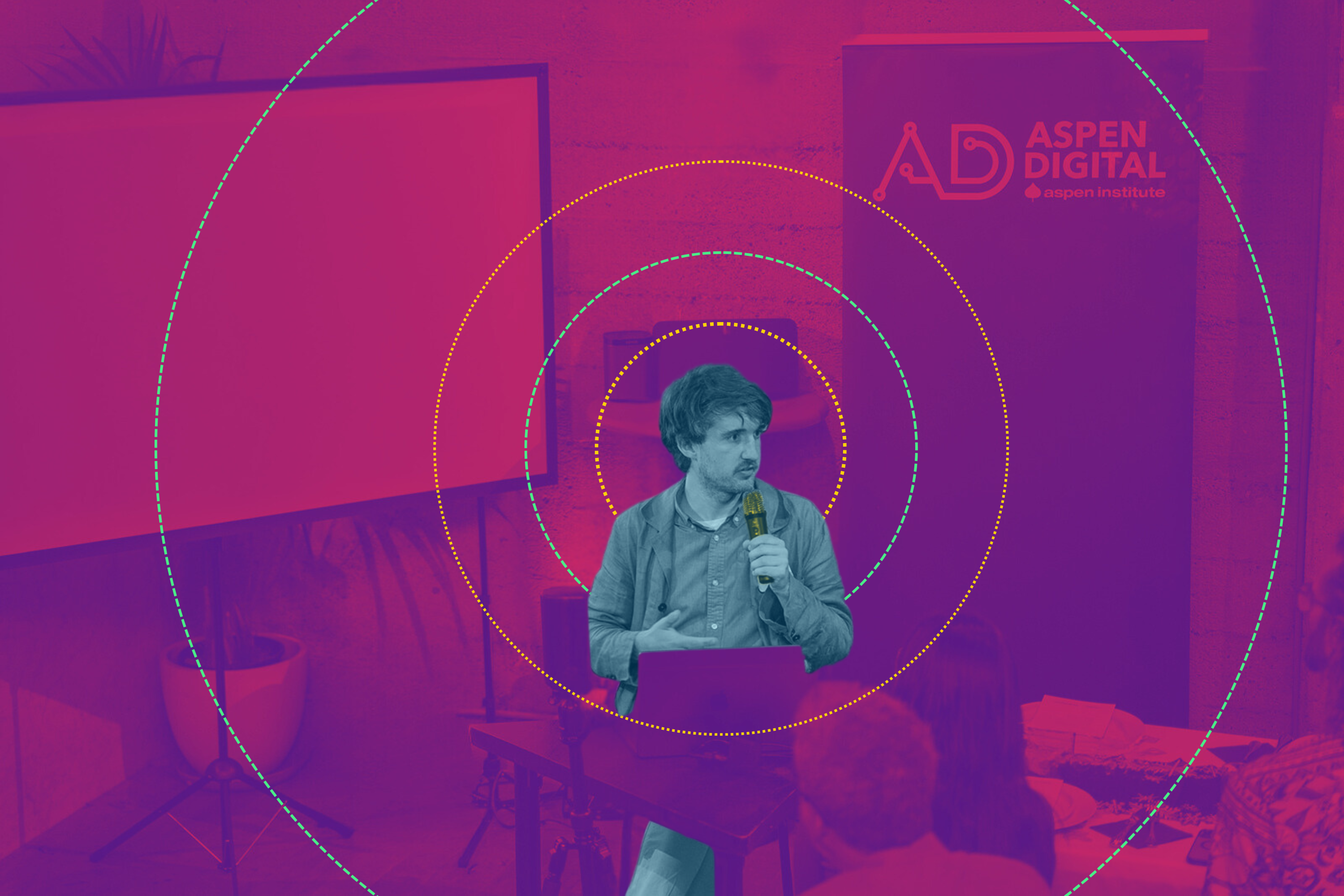 Brandon giving a talk on public AI infrastructure at the event, with psychedelic stylized coloring.